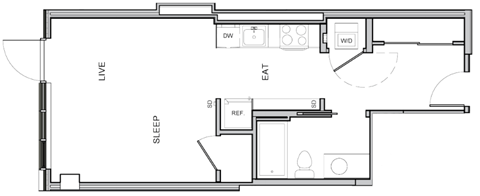 Floor plan for studio, 1 bath, 579 sqft
